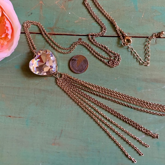 ❤️ Big Heart - Clear Faceted Stone Heart Pendant Gold Tone Long Necklace ❤️ - Picture 1 of 8